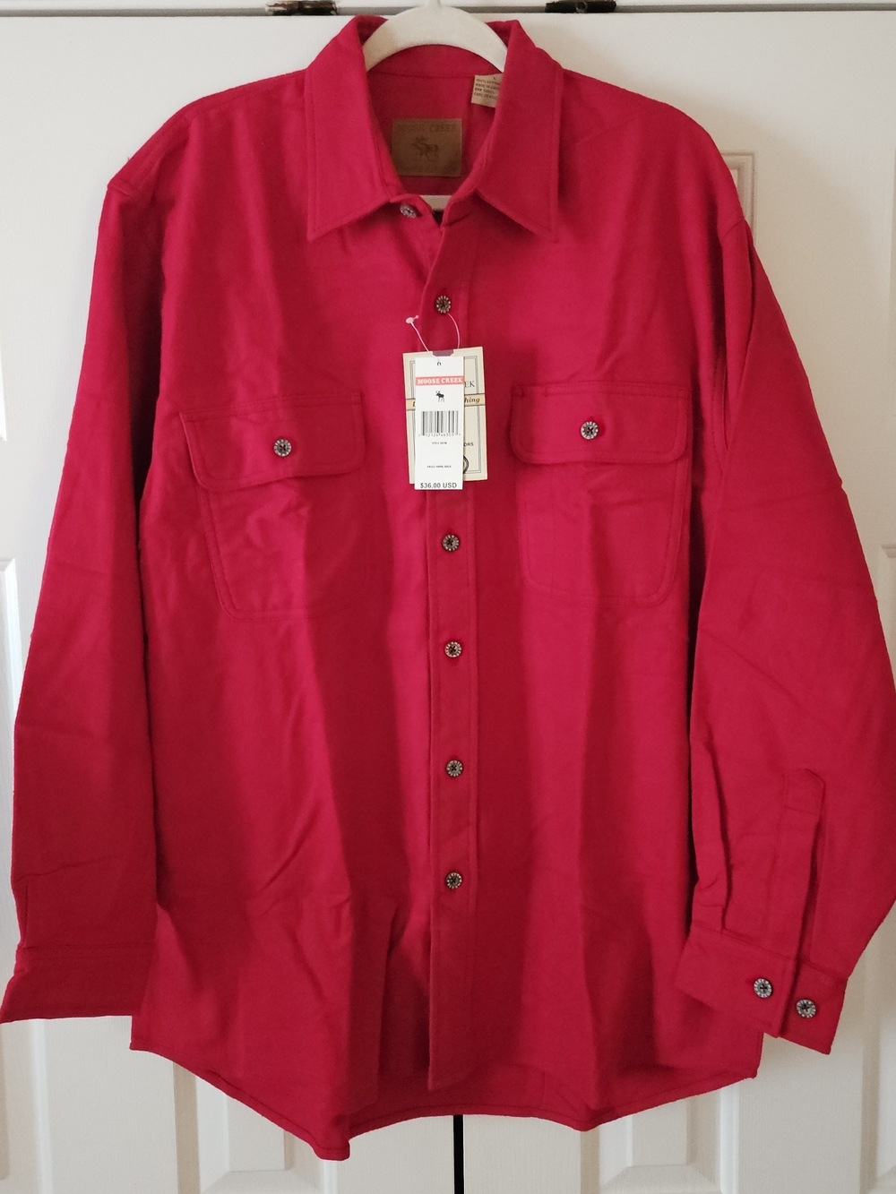NWT, Moose Creek Men's L Red Solid Cotton Chamois Long Sleeve Button-Up Pockets
